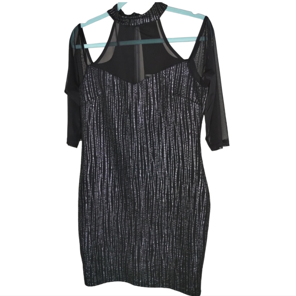 -604 Ipona Collection Dress Bodycon ¾ Mesh Sleeve For Women Black/Metallic